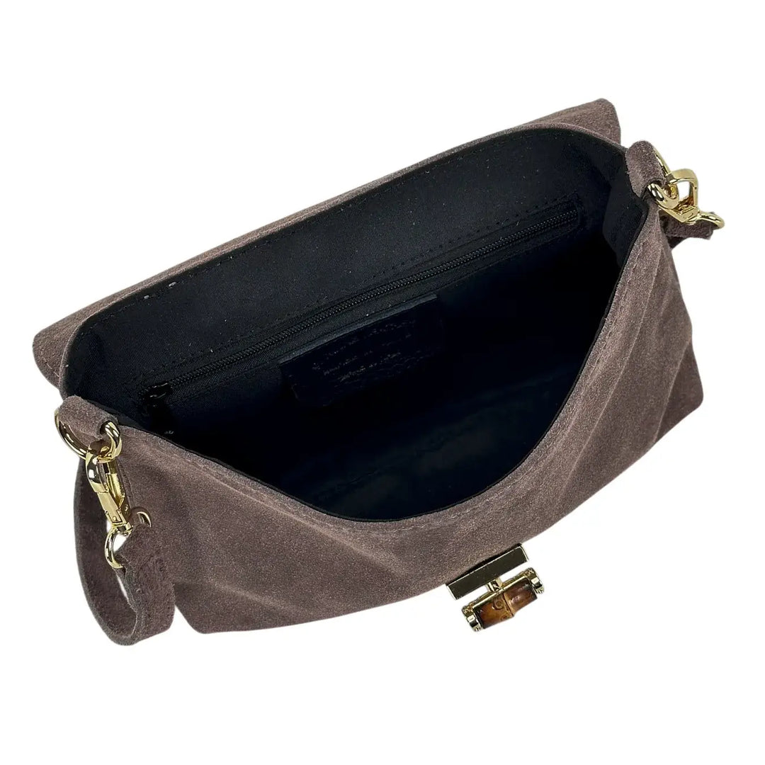 Bassini Borsa Donna in Pelle Scamosciata Taupe con Pattina e Girello in Bambù e Tracolla Rimovibile