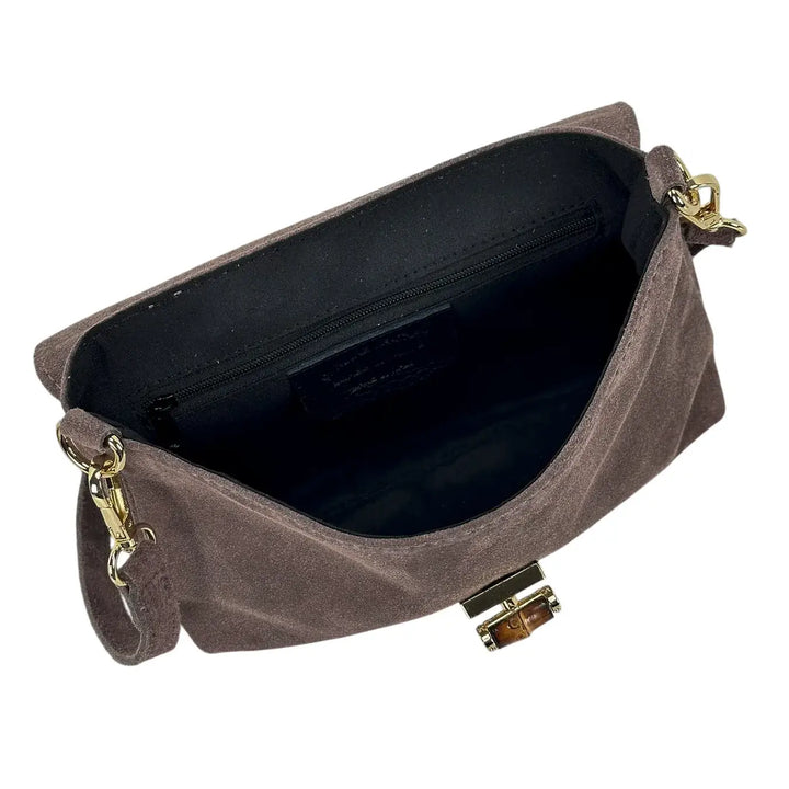 Bassini Borsa Donna in Pelle Scamosciata Taupe con Pattina e Girello in Bambù e Tracolla Rimovibile
