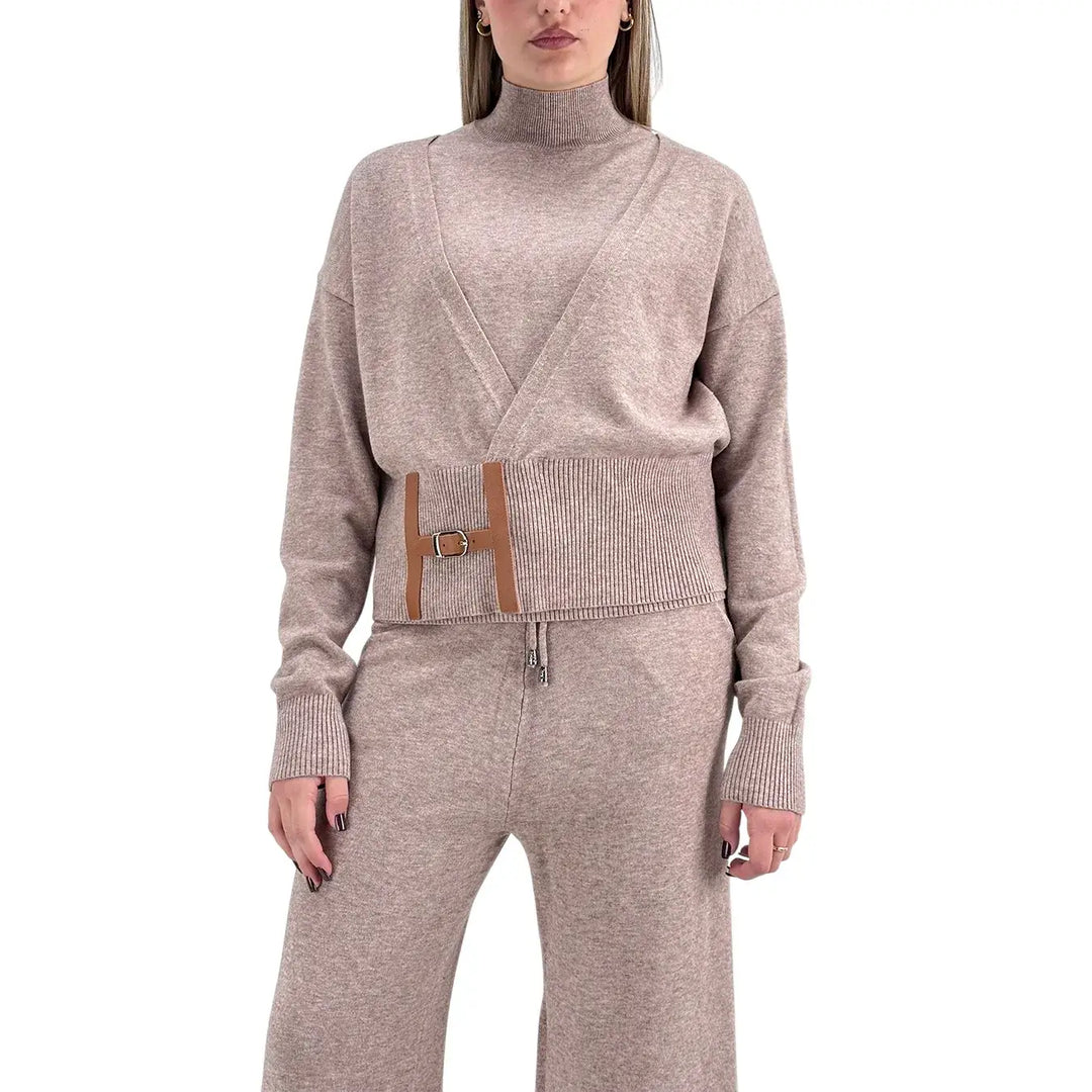 Bassini Coordinato Donna Tre Pezzi Beige in Maglia con Pantaloni e Maglia Smanicata a Lupetto