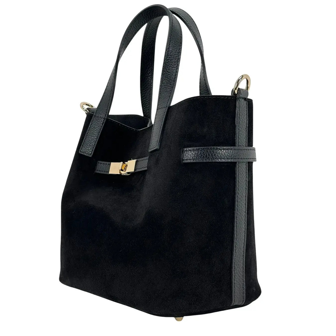 Bassini Borsa Donna Secchiello in Pelle Scamosciata Nero con Doppi Manici e Tracolla Rimovibile