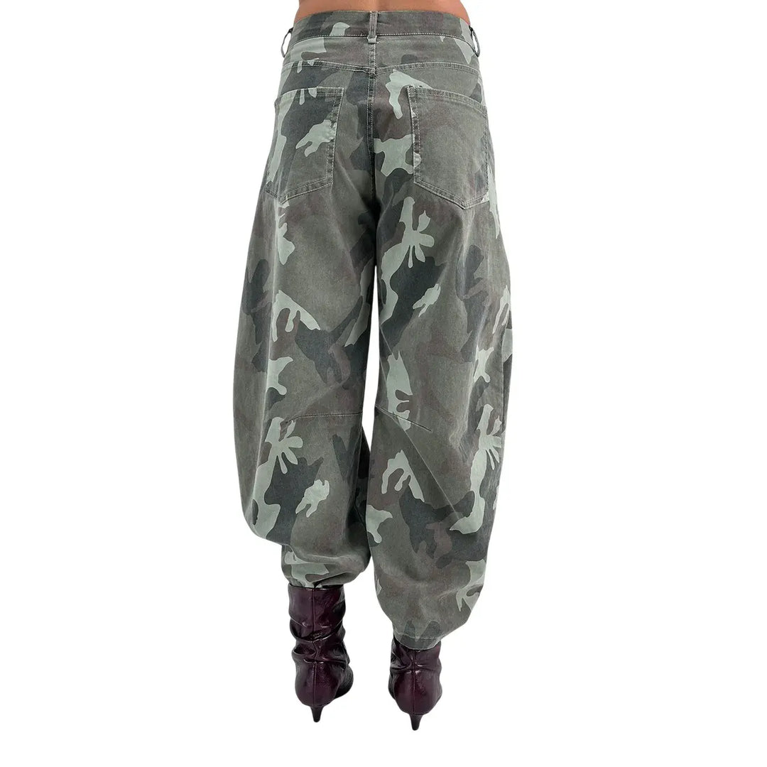 Bassini Pantaloni Donna Verde Camouflage Balloon Fit con Chiusura con Zip