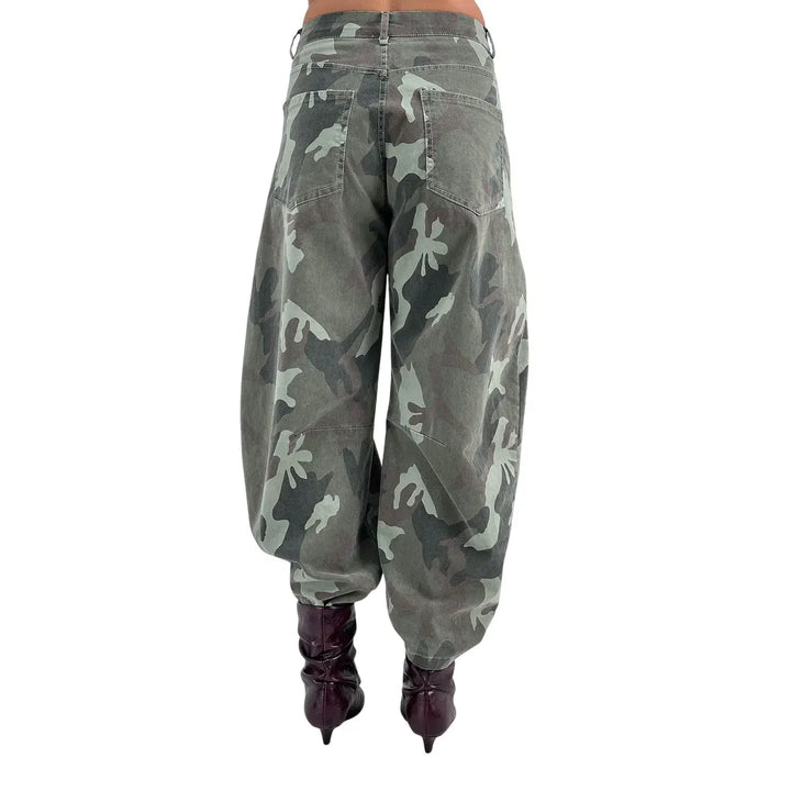 Bassini Pantaloni Donna Verde Camouflage Balloon Fit con Chiusura con Zip