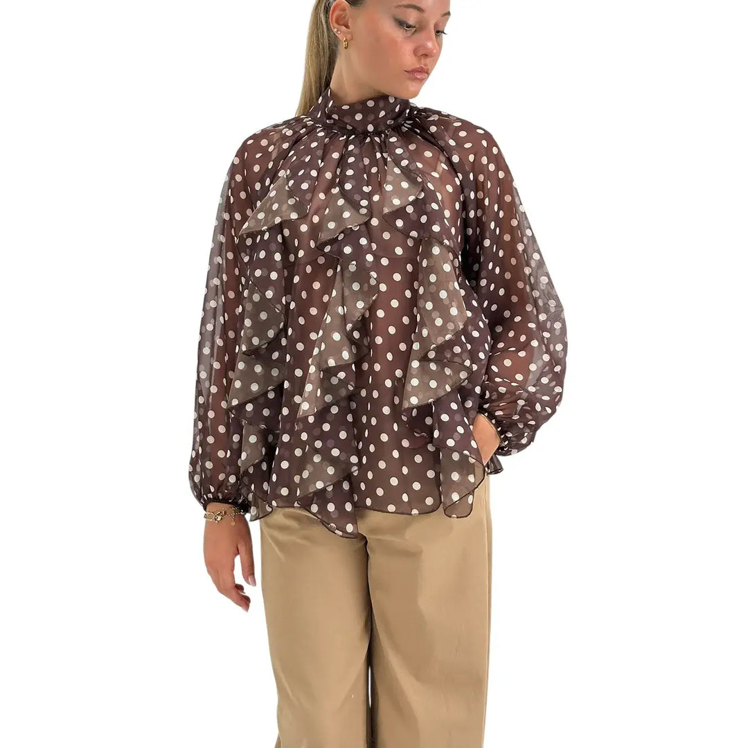 Bassini Blusa Donna Cioccolata con Pois Beige Maniche Lunghe a Sbuffo e Fiocco sul Colletto