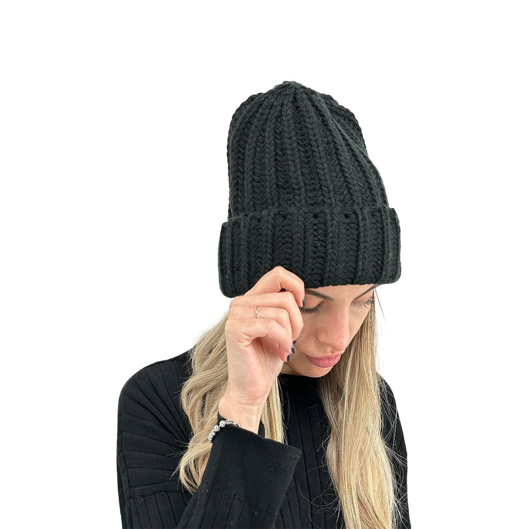 Bassini Cappello Donna, Coste, Risvolto, Tricot, Nero