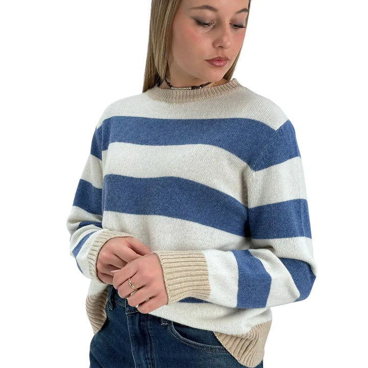 Bassini Maglia Donna Jeans e Avorio a Righe Girocollo con Coste Cammello e Vestibilità Regolare