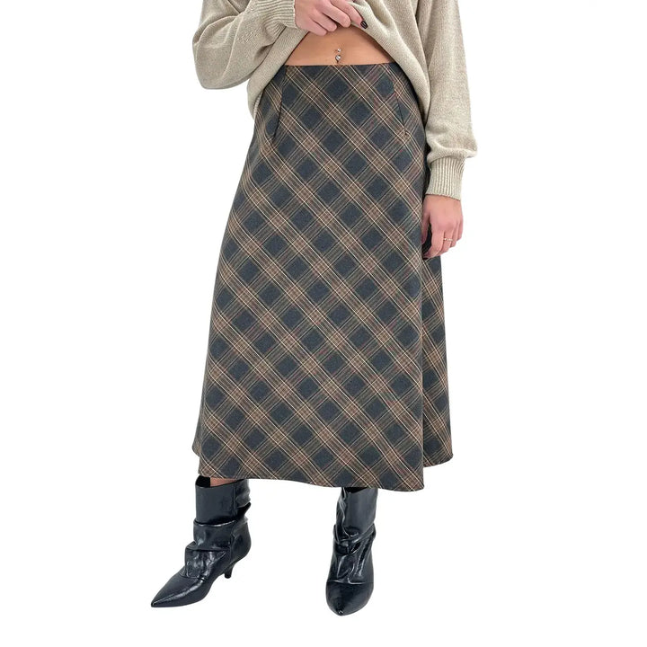 Bassini Gonna Donna Marrone e Beige a Ruota in Tessuto Tartan