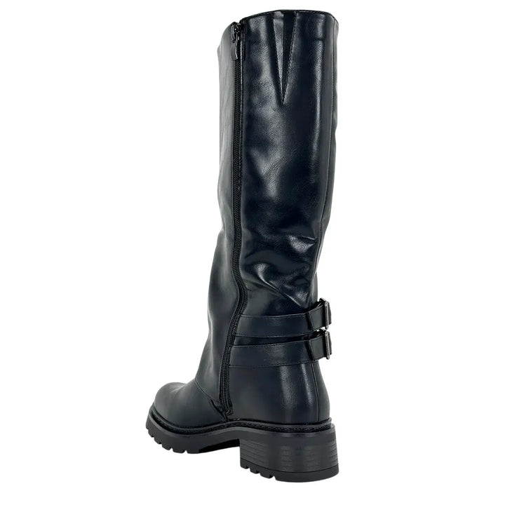 Bassini Stivale Donna Nero Biker in Ecopelle Effetto Used con Doppia Fibbetta e Tacco 4 cm