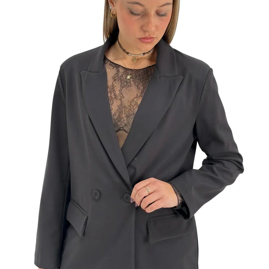 Bassini Giacca Donna Nera Doppiopetto Taglio Uomo Oversize con Tasche con Patta