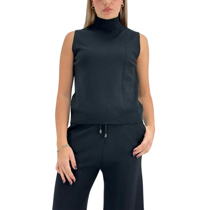 Bassini Coordinato Donna Tre Pezzi Nero in Maglia con Pantaloni e Maglia Smanicata a Lupetto