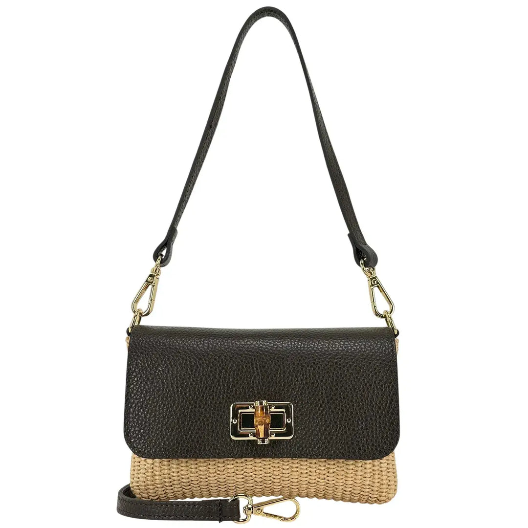 Bassini Borsa Donna Piccola in Raffia e Pelle Marrone con Tracolla Rimovibile e Girello Bambù