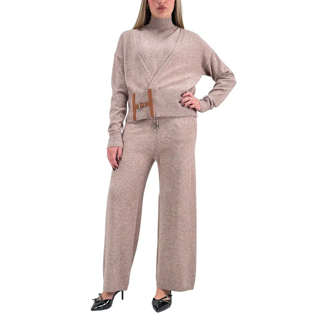 Bassini Coordinato Donna Tre Pezzi Beige in Maglia con Pantaloni e Maglia Smanicata a Lupetto