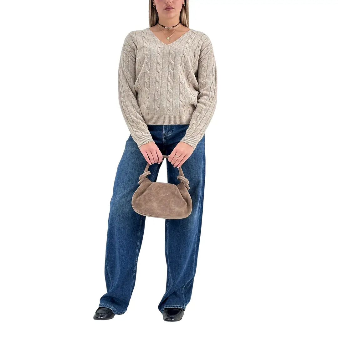 Bassini Maglia Donna Cammello a Treccia con Scollo a V e Maniche Raglan Oversize