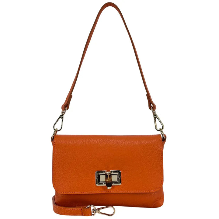 Bassini Borsa Donna Mini in Pelle Arancio con Pattina Girello Bambù e Tracolle Rimovibili