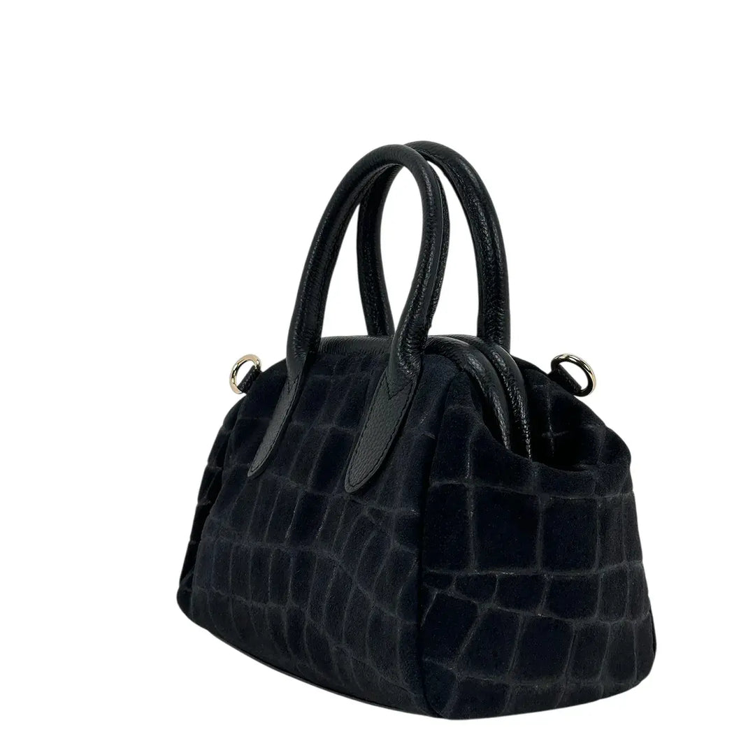 Bassini Borsa Donna Bauletto in Pelle Scamosciata Stampa Cocco Nero con Tracolla Rimovibile