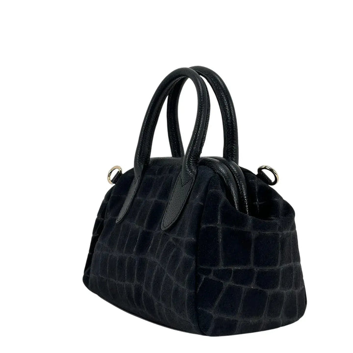 Bassini Borsa Donna Bauletto in Pelle Scamosciata Stampa Cocco Nero con Tracolla Rimovibile