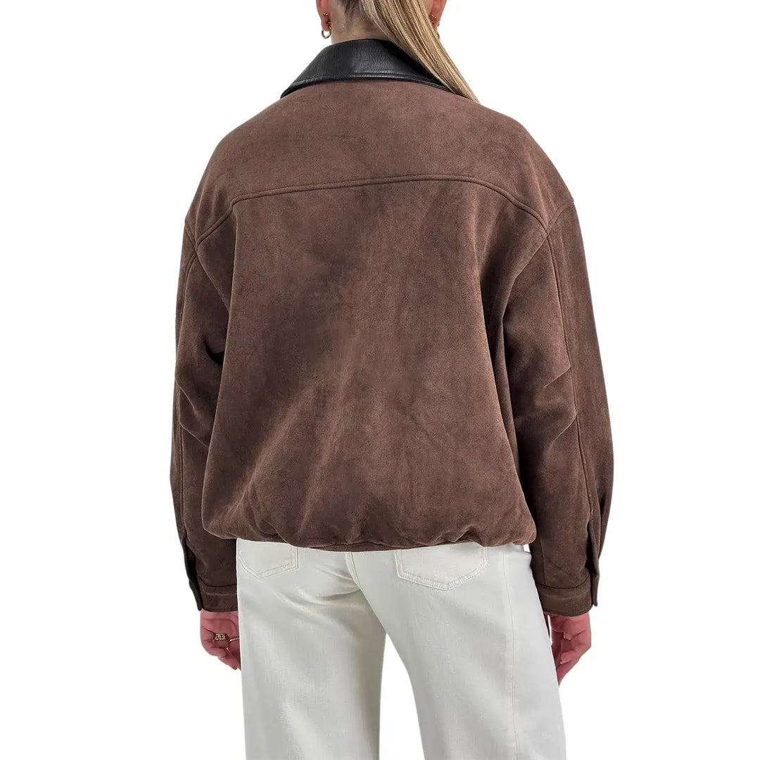 Bassini Bomber Donna Moka Oversize in Ecopelle Scamosciata con Collo Moro e Zip