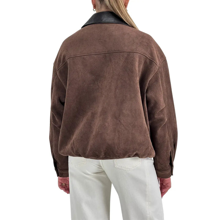 Bassini Bomber Donna Moka Oversize in Ecopelle Scamosciata con Collo Moro e Zip