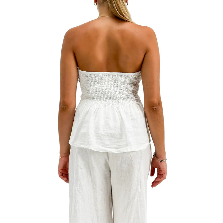 Bassini Top Donna Bianco in Lino e Cotone con Scollo a Fascia Bottoni Frontali e Colletto Risvoltato