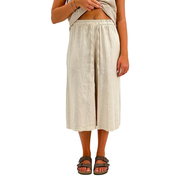 Bassini Bermuda Donna Beige in Lino e Cotone con Elastico e Coulisse in Vita