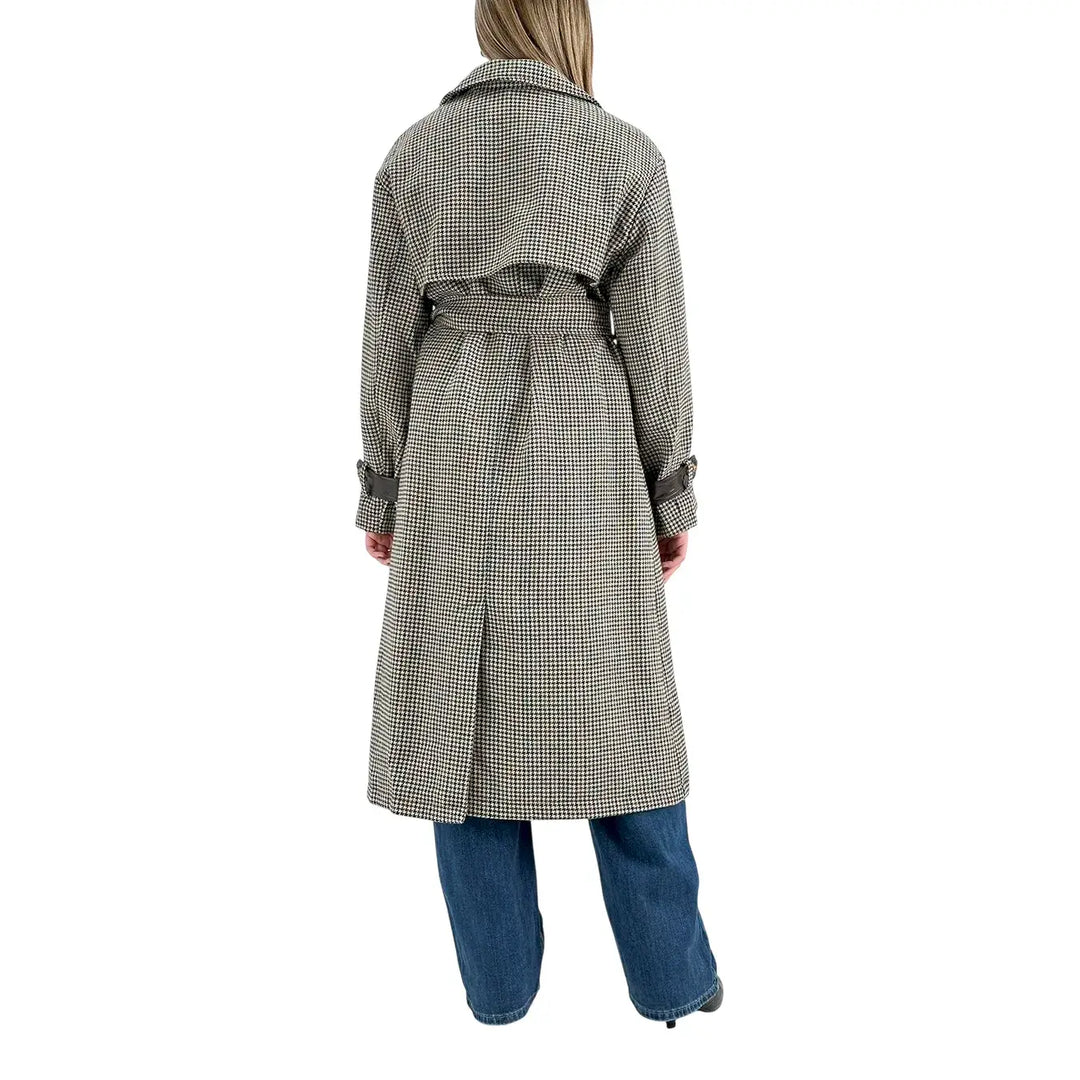 Bassini Cappotto Donna Marrone Lungo Trench Coat Pied de Poule e Principe di Galles Doppiopetto con Cintura
