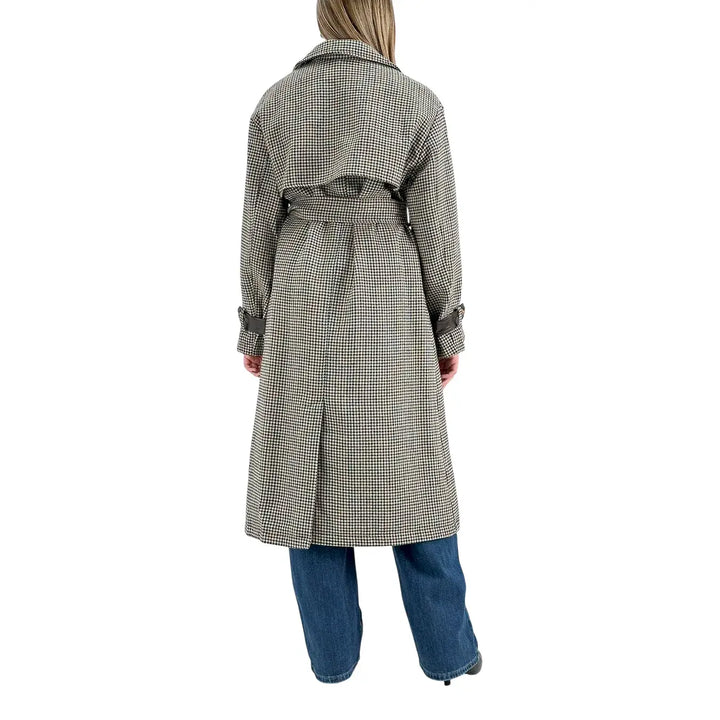 Bassini Cappotto Donna Marrone Lungo Trench Coat Pied de Poule e Principe di Galles Doppiopetto con Cintura
