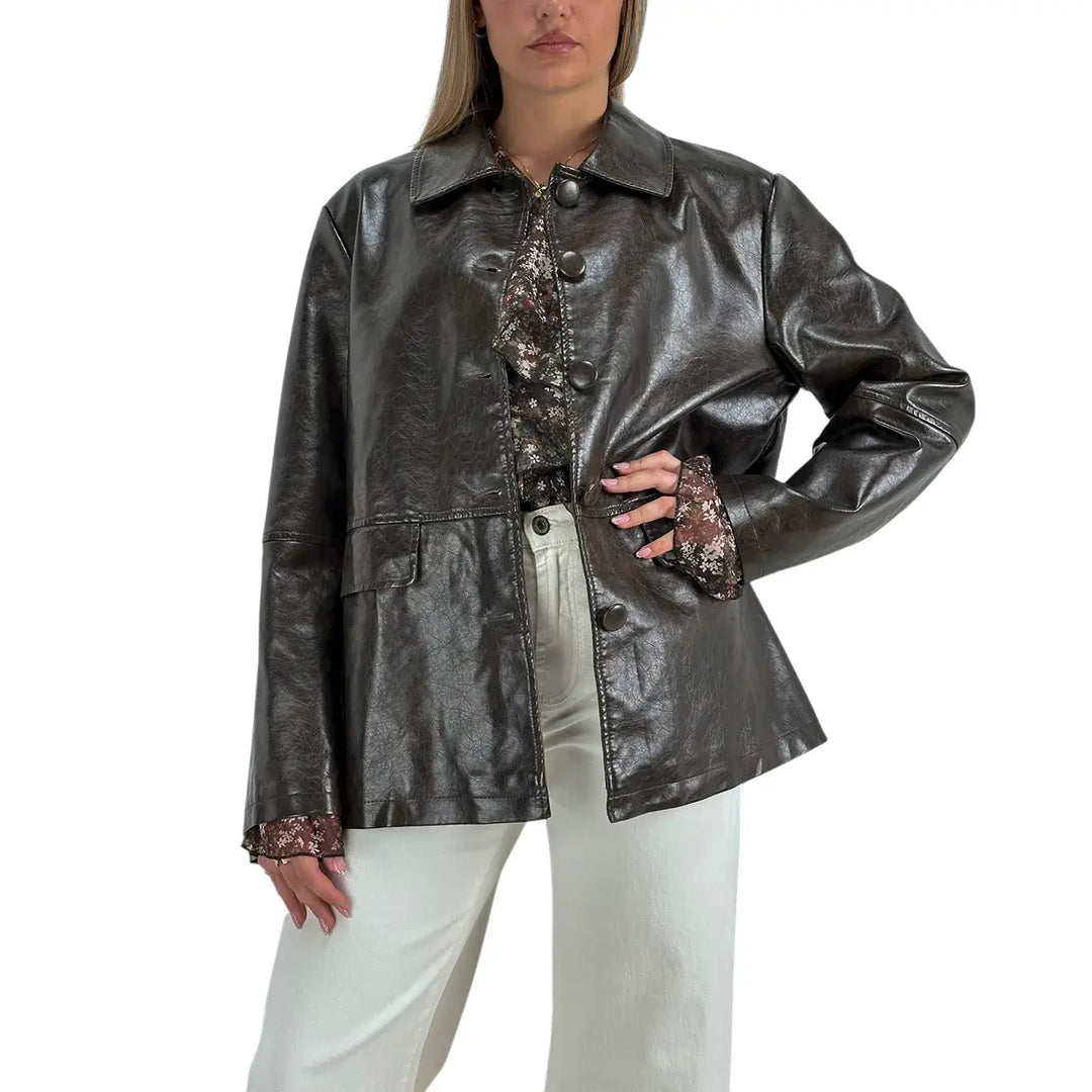 Bassini Giacca Donna in Ecopelle Marrone Effetto Vintage Oversize con Tasche con Patta