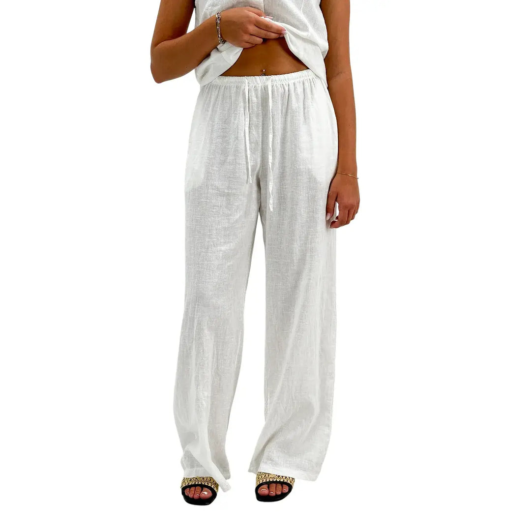 Bassini Pantaloni Donna Bianchi Palazzo in Lino e Cotone con Coulisse in Vita
