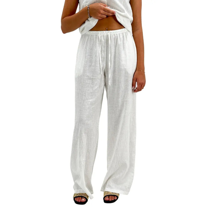 Bassini Pantaloni Donna Bianchi Palazzo in Lino e Cotone con Coulisse in Vita