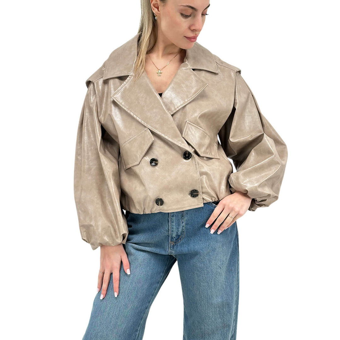 Motel Giacca Donna, Bomber, Doppiopetto, Ecopelle, Beige