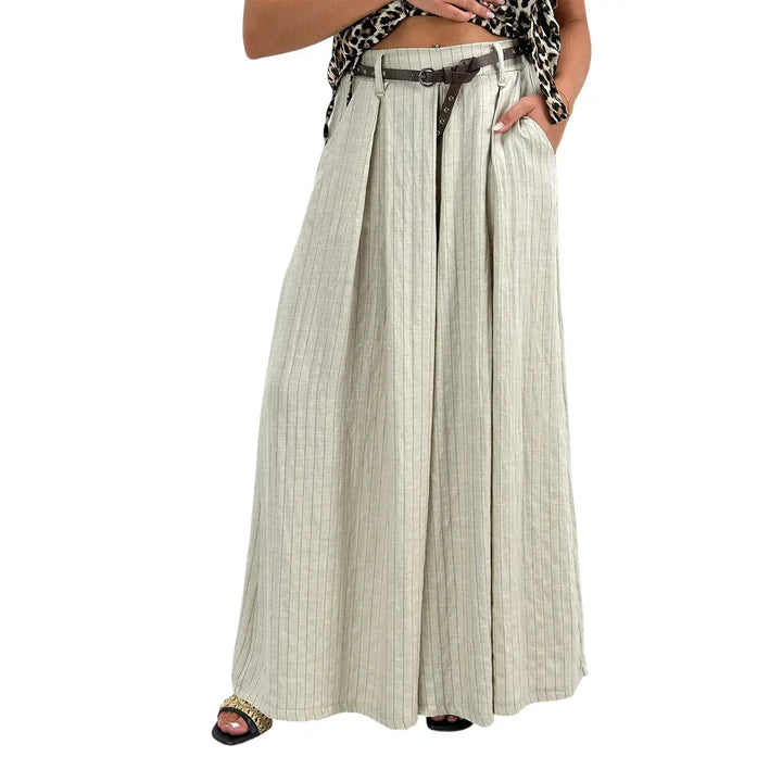 Bassini Pantaloni Donna Ecru Gessati Palazzo in Tessuto Misto