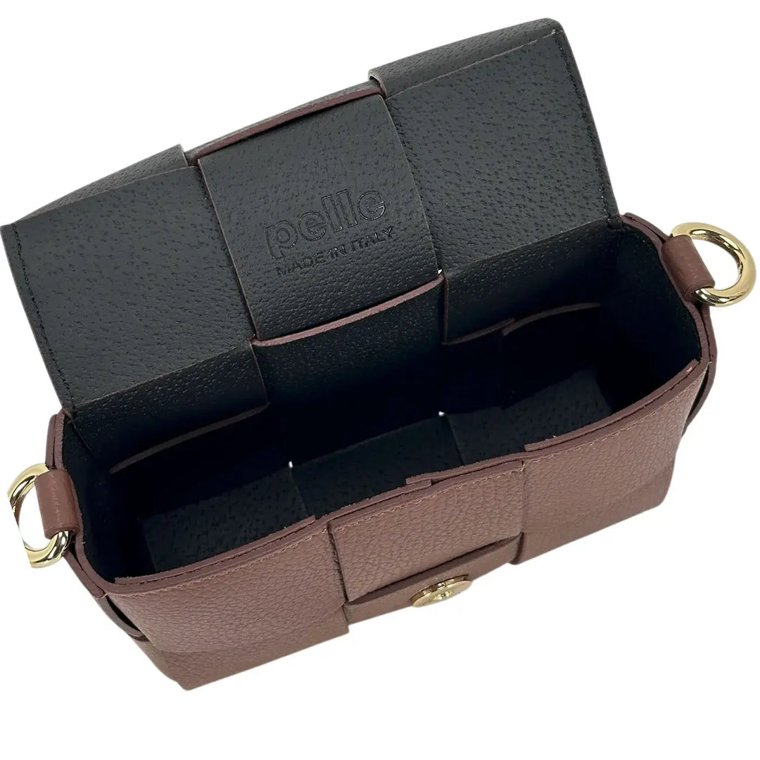 Bassini Borsa Donna Piccola in Pelle Castagna Intrecciata con Tracolla Rimovibile e Patta Magnetica