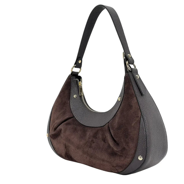Bassini Borsa Donna a Mezza Luna in Pelle Scamosciata Cioccolato con Rifiniture in Pelle Dollaro e Borchie Oro