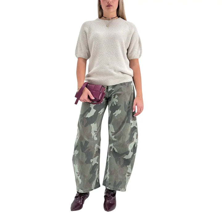Bassini Maglia Donna Cipria Chiaro Girocollo Oversize con Maniche Corte Raglan e Orlo a Costine