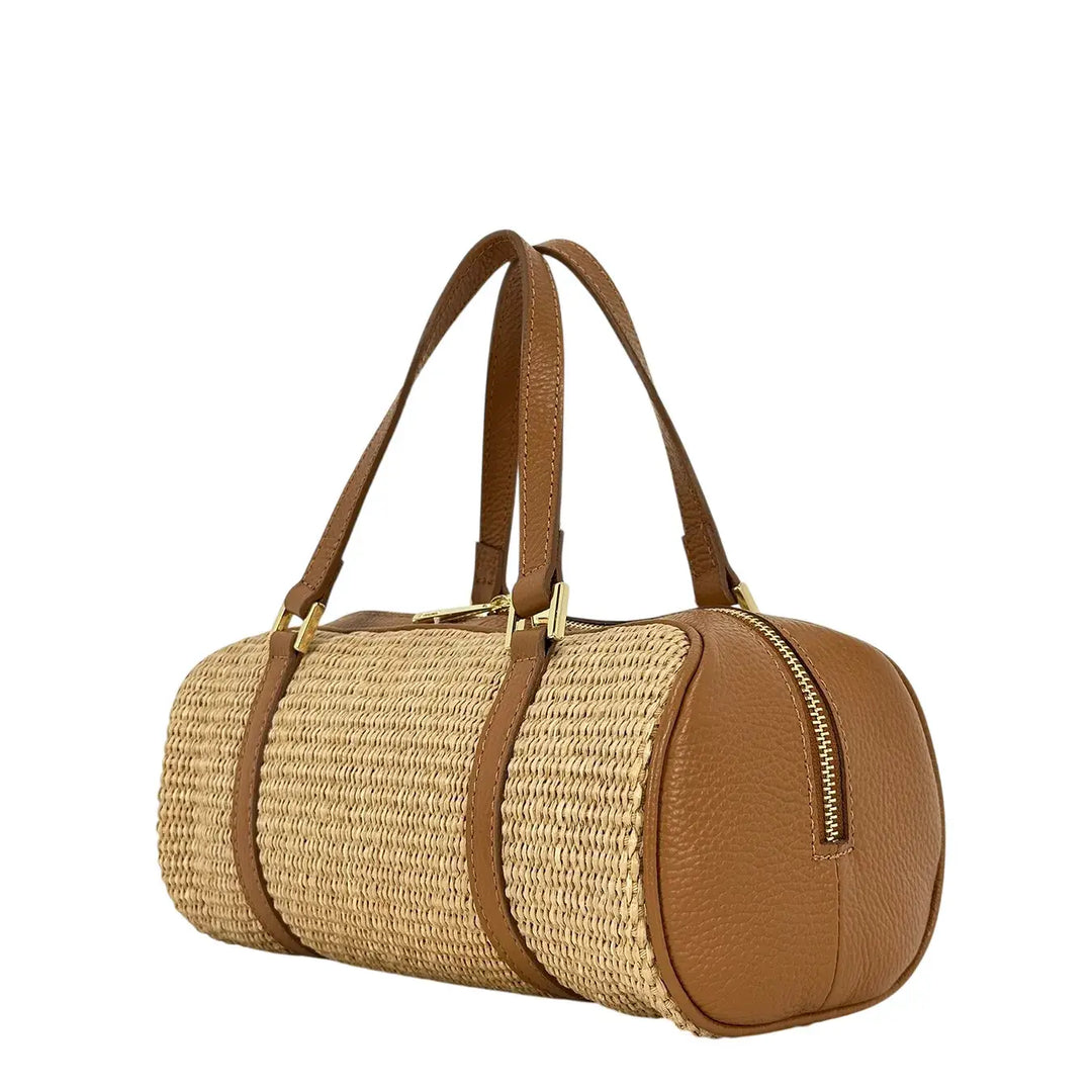 Bassini Borsa Donna Media in Rafia e Pelle Color Cuoio con Due Manici e Tracolla Rimovibile