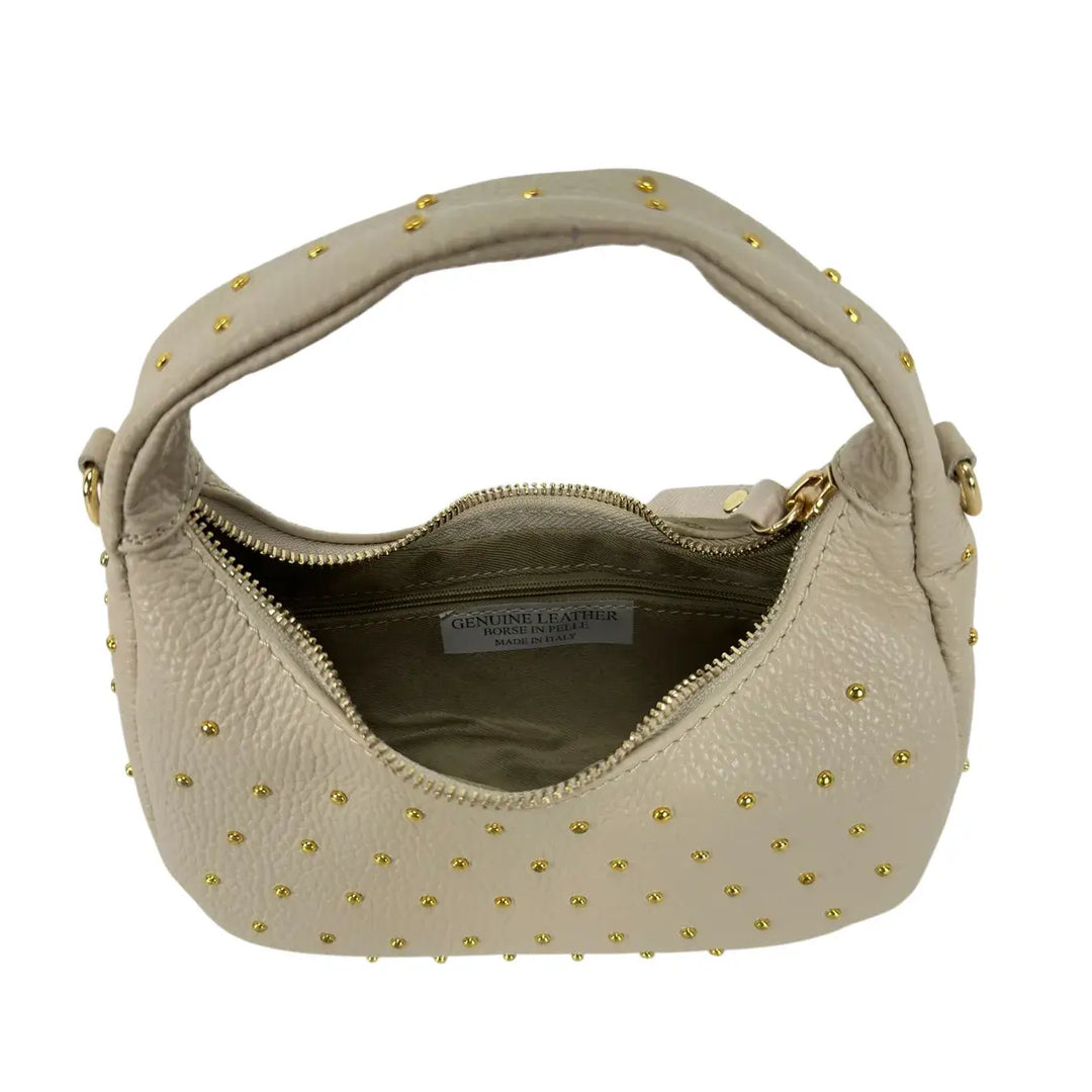 Bassini Borsa Donna Mini Sacca in Pelle Avorio con Borchie Oro e Tracolla Catena Rimovibile