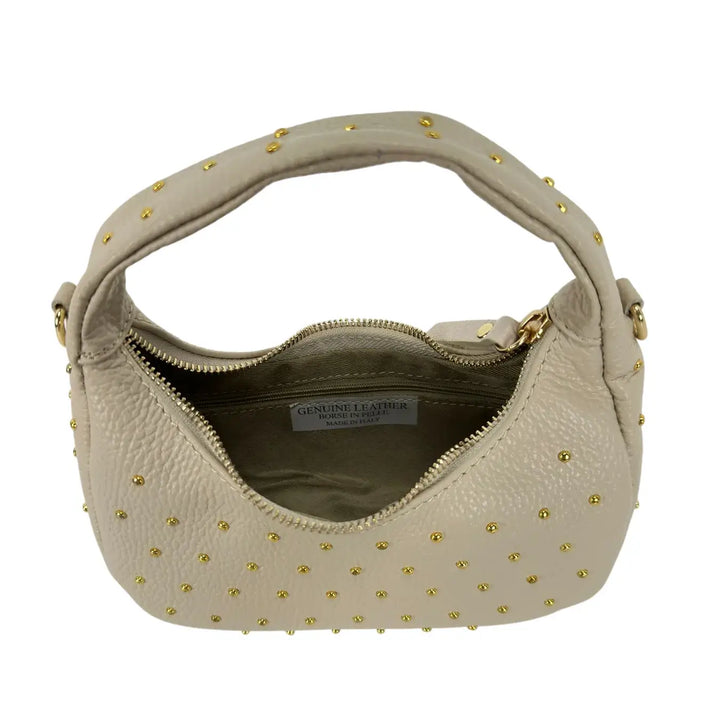 Bassini Borsa Donna Mini Sacca in Pelle Avorio con Borchie Oro e Tracolla Catena Rimovibile