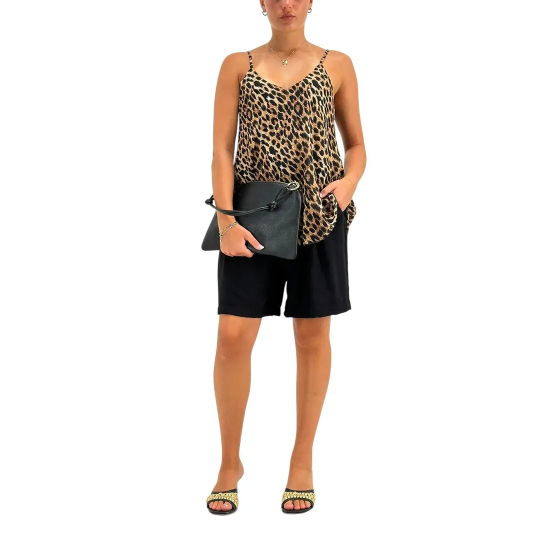 Bassini Bermuda Donna Nero in Lino e Cotone con Cintura in Rafia