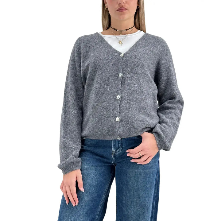 Bassini Cardigan Donna Grigio Melange Oversize con Cinque Bottoni e Maniche Raglan