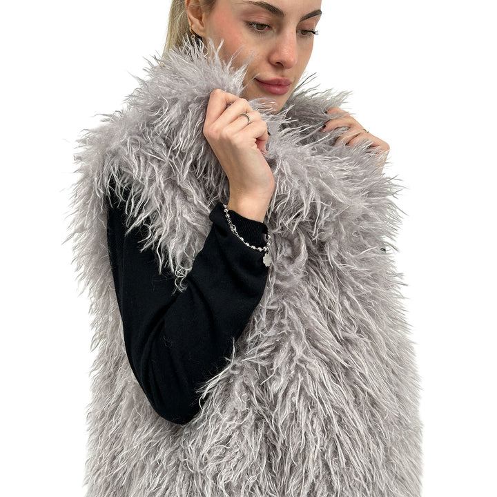 Kontatto Giacca Curly Faux Fur Donna, Smanicato, Revers, Grigio