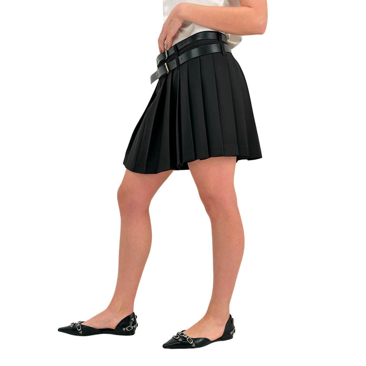 Imperial Women's Skirt, Short, Double Belt, Mixed Fabric, Black