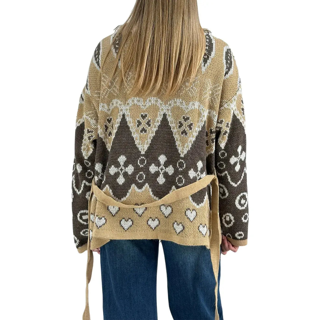 Bassini Maglia Donna Beige e Moro Aperta con Cintura in Maglia, Bordi Sfrangiati e Ricamo Cuori