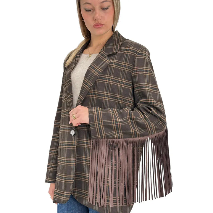 Bassini Giacca Donna Cioccolato Check Oversize Monopetto con Frange Marroni