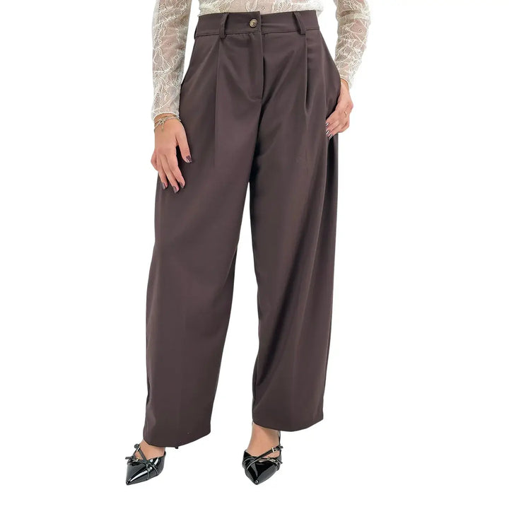 Bassini Pantaloni Donna Cioccolato Sartoriali a Gamba Larga con Doppia Pince e Tasche a Filo