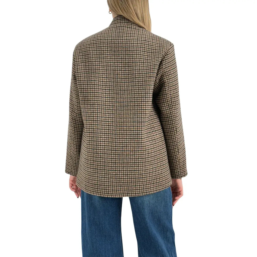 Bassini Caban Donna Beige e Marrone Pied de Poule con Collo alla Coreana