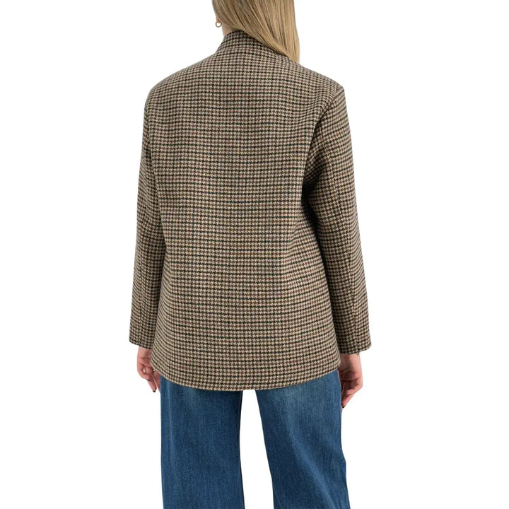 Bassini Caban Donna Beige e Marrone Pied de Poule con Collo alla Coreana