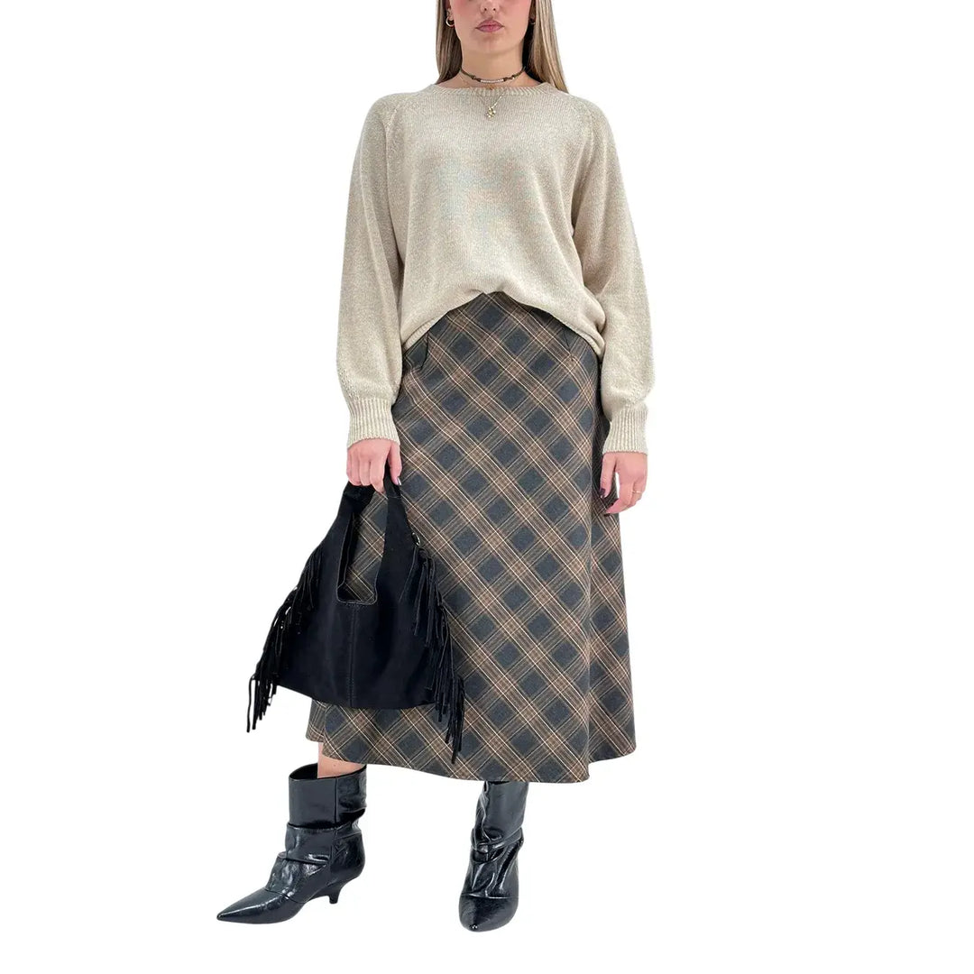 Bassini Gonna Donna Marrone e Beige a Ruota in Tessuto Tartan