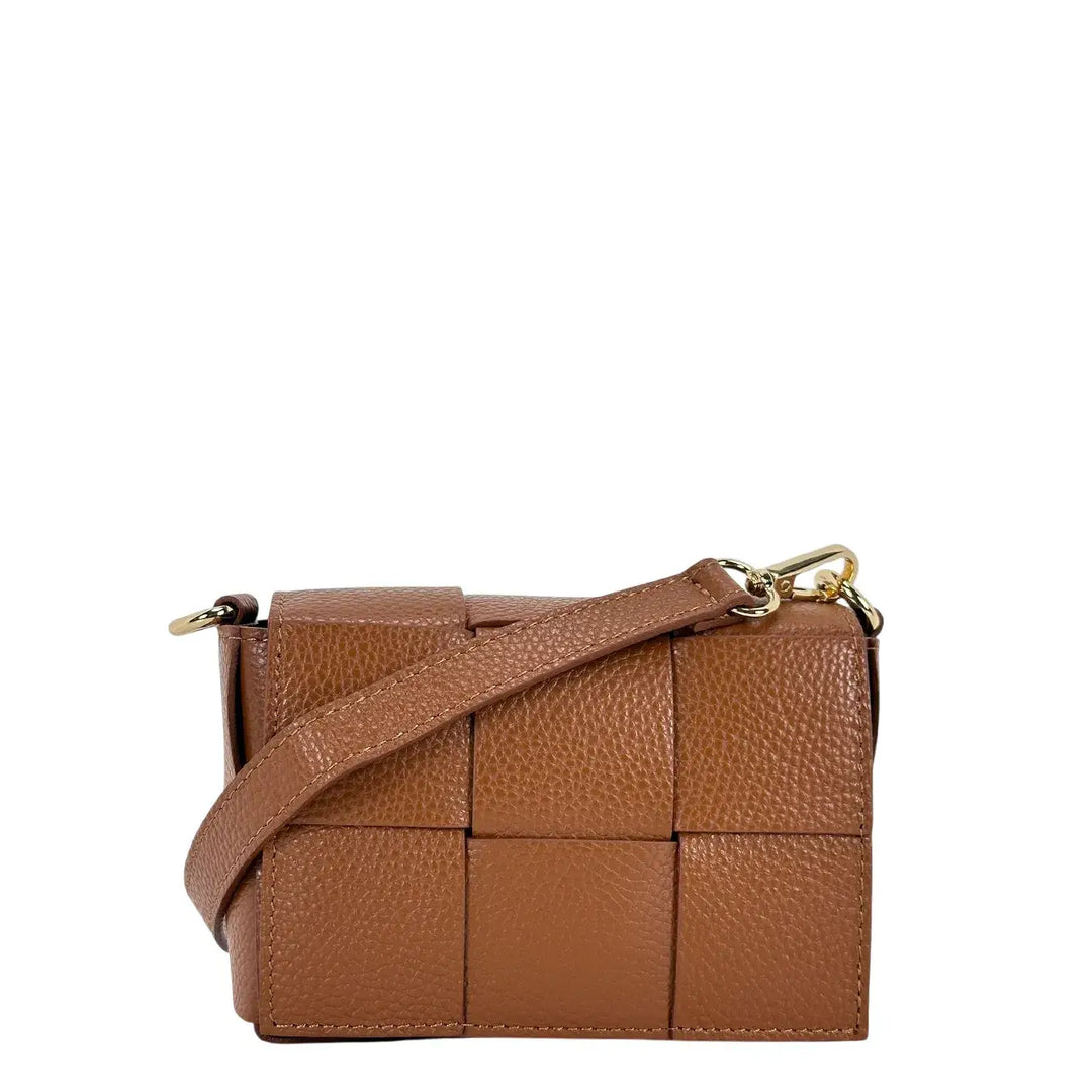 Bassini Borsa Donna Piccola in Pelle Cuoio Intrecciata con Tracolla Rimovibile e Patta Magnetica