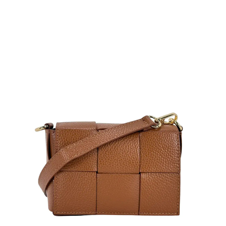 Bassini Borsa Donna Piccola in Pelle Cuoio Intrecciata con Tracolla Rimovibile e Patta Magnetica
