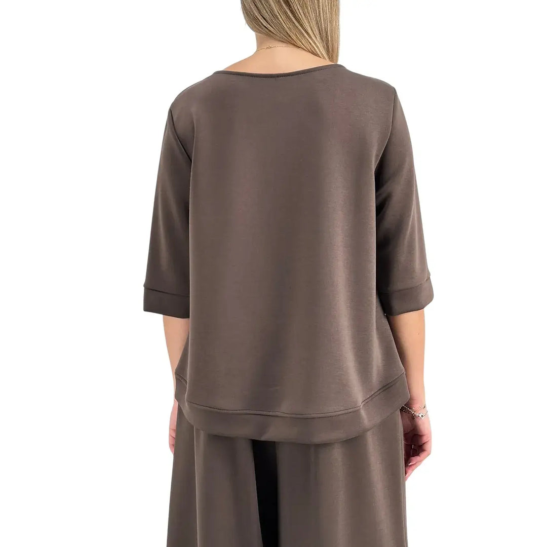 Bassini Felpa Donna Cioccolato Oversize con Scollo a Barca e Maniche Tre Quarti