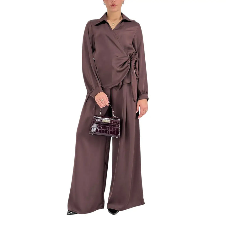 Bassini Camicia Donna Cioccolato Incrociata con Fiocco Laterale ed Elastico Posteriore
